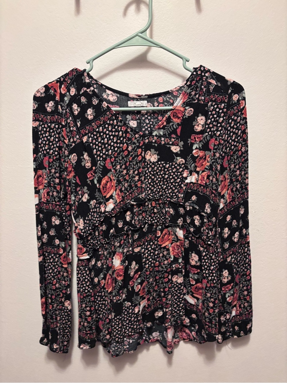 Maurices Black Floral Patchwork Long-Sleeve Babydoll Top